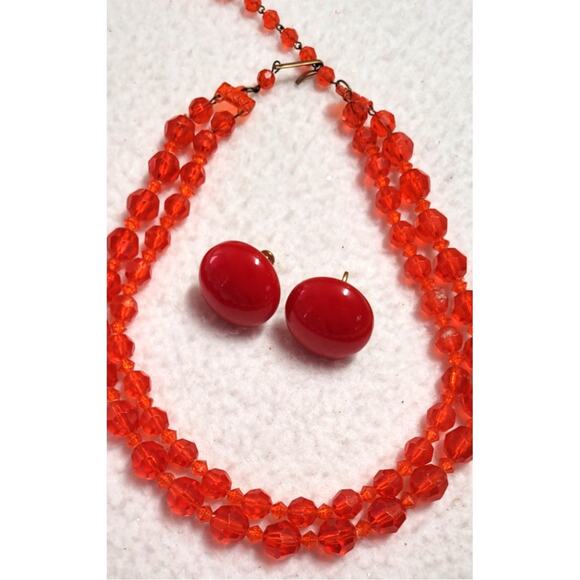 Vtg 1950s Red Celluloid Beaded Necklace Choker Signed Germany Screwback Earrings - Picture 2 of 7